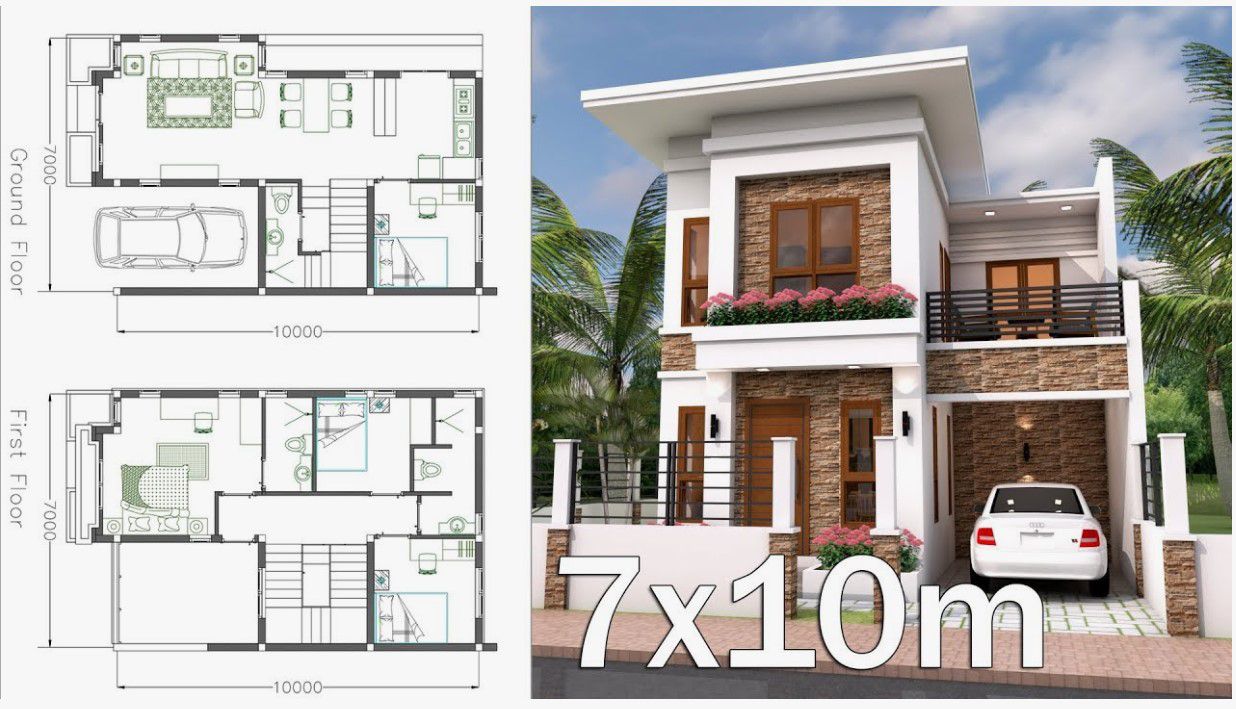Denah Rumah 7x10 4 kamar tidur lengkap dengan Tampak