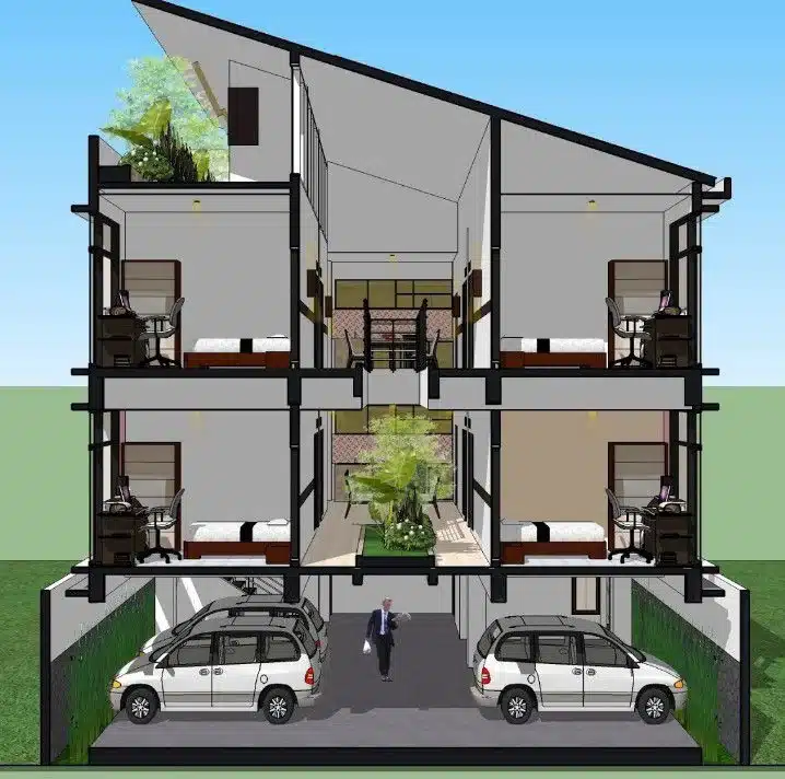 Desain Rumah Kost 2 Lantai Lahan Sempit